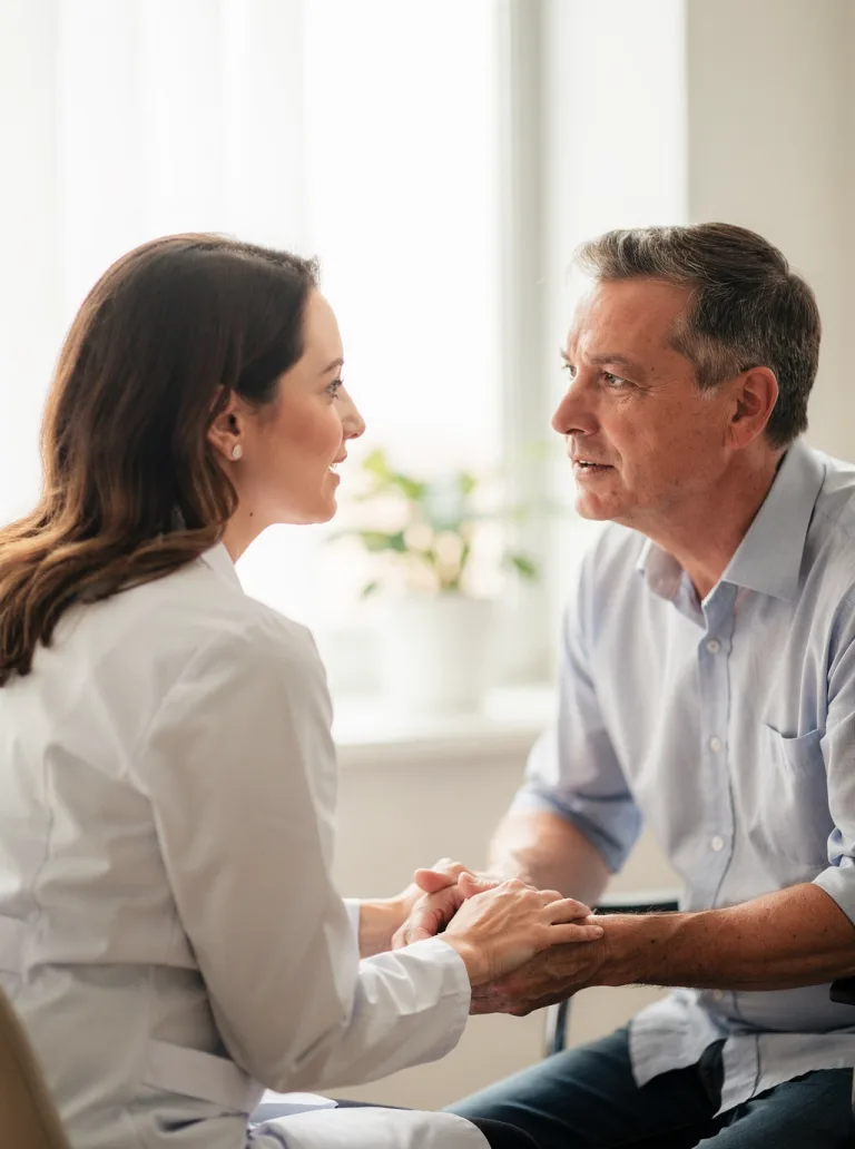 An illustrative woman clinician speaks with an adult patient.